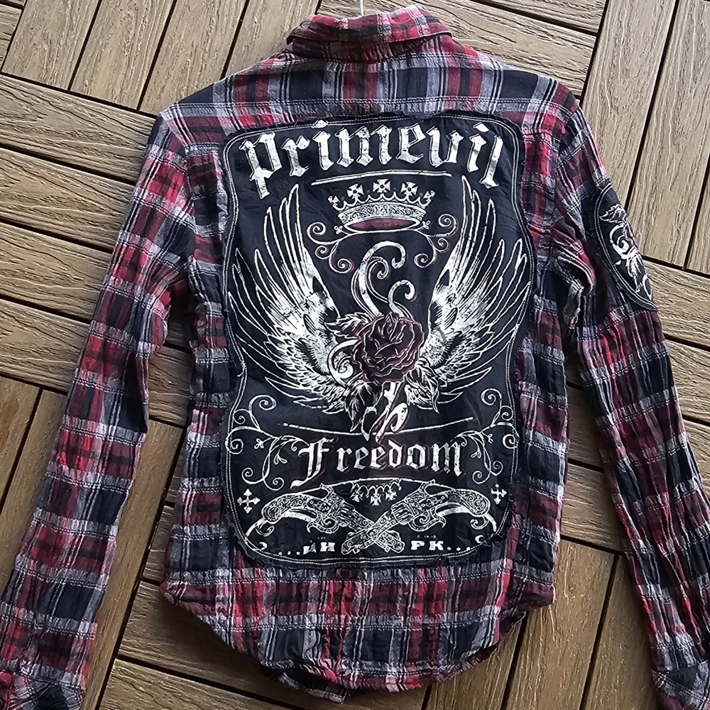 Primevil Rose & Wings Embroidered Plaid Button Up Flannel